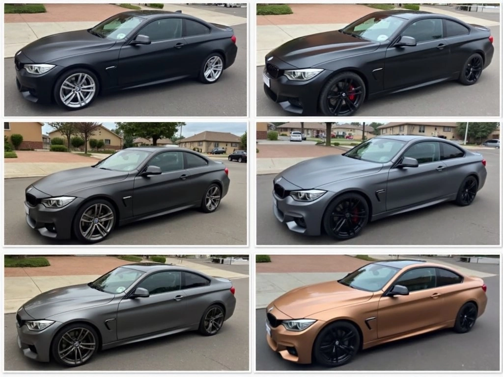 A collage showing different car wrap finishes including matte black, chrome, carbon fiber, and color-shifting options.