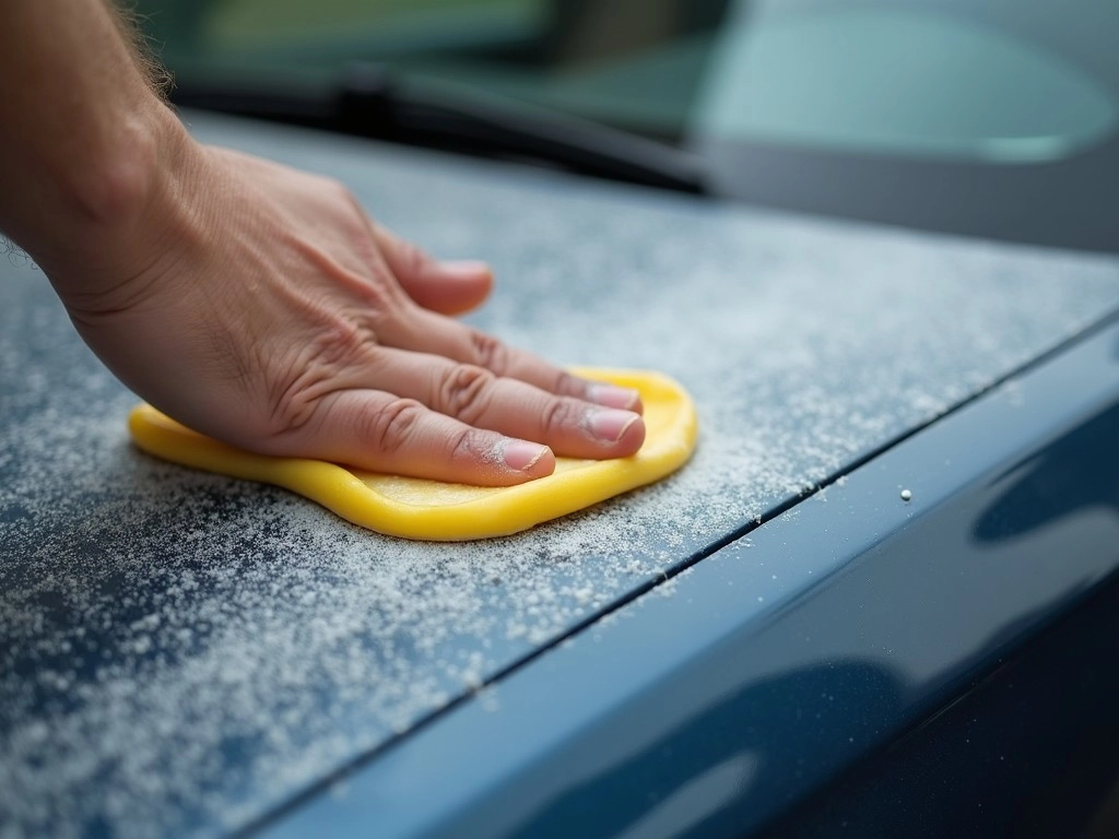 Close-up of a hand applying wax to a car's surface