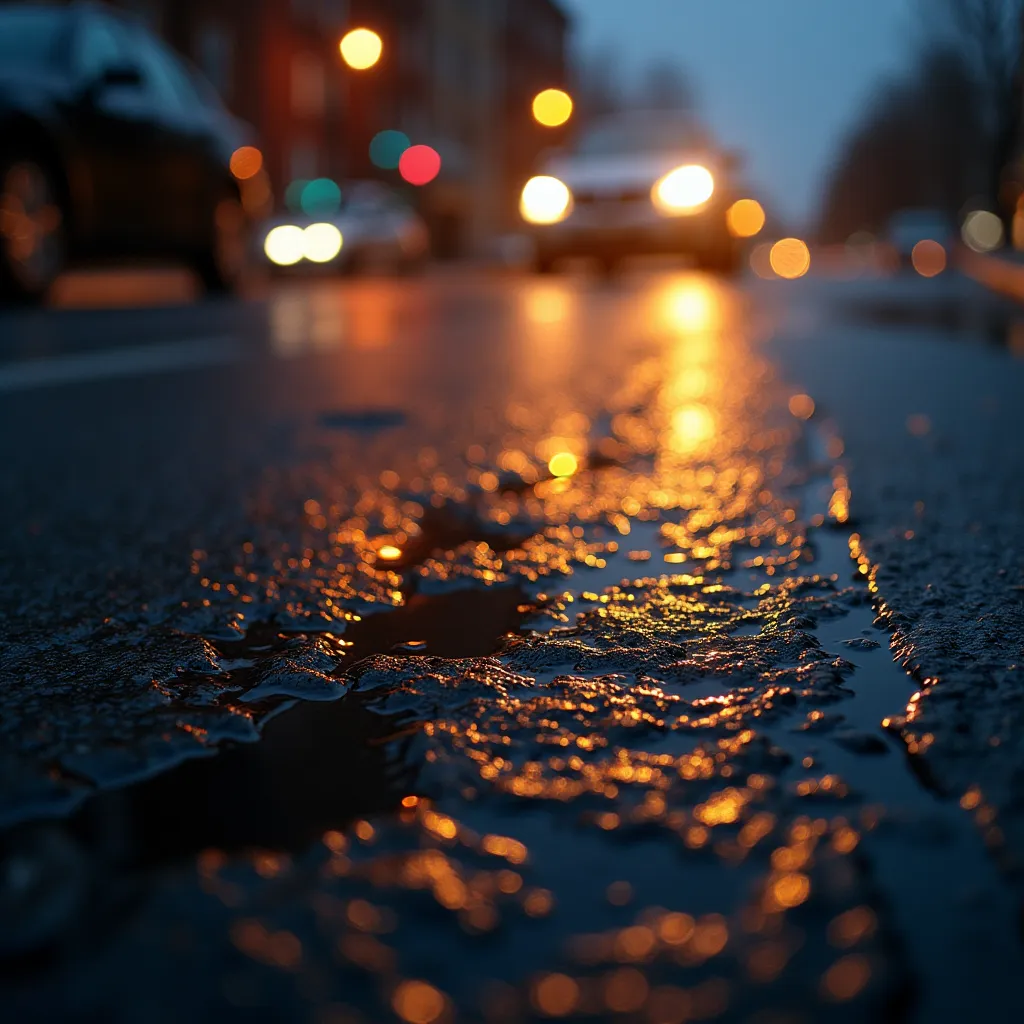 Close-up of wet asphalt with visible water puddles reflecting street lights, showing the slick surface conditions