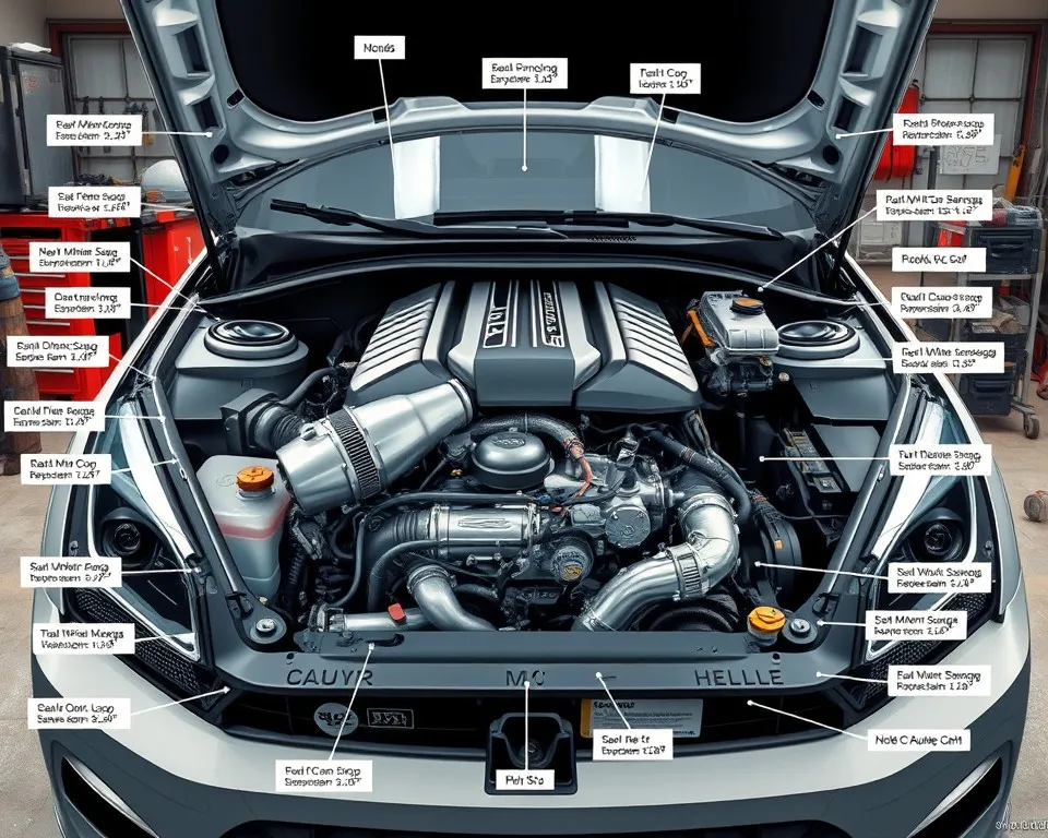 Cold engine with visible components labeled, hood fully open, clean engine bay