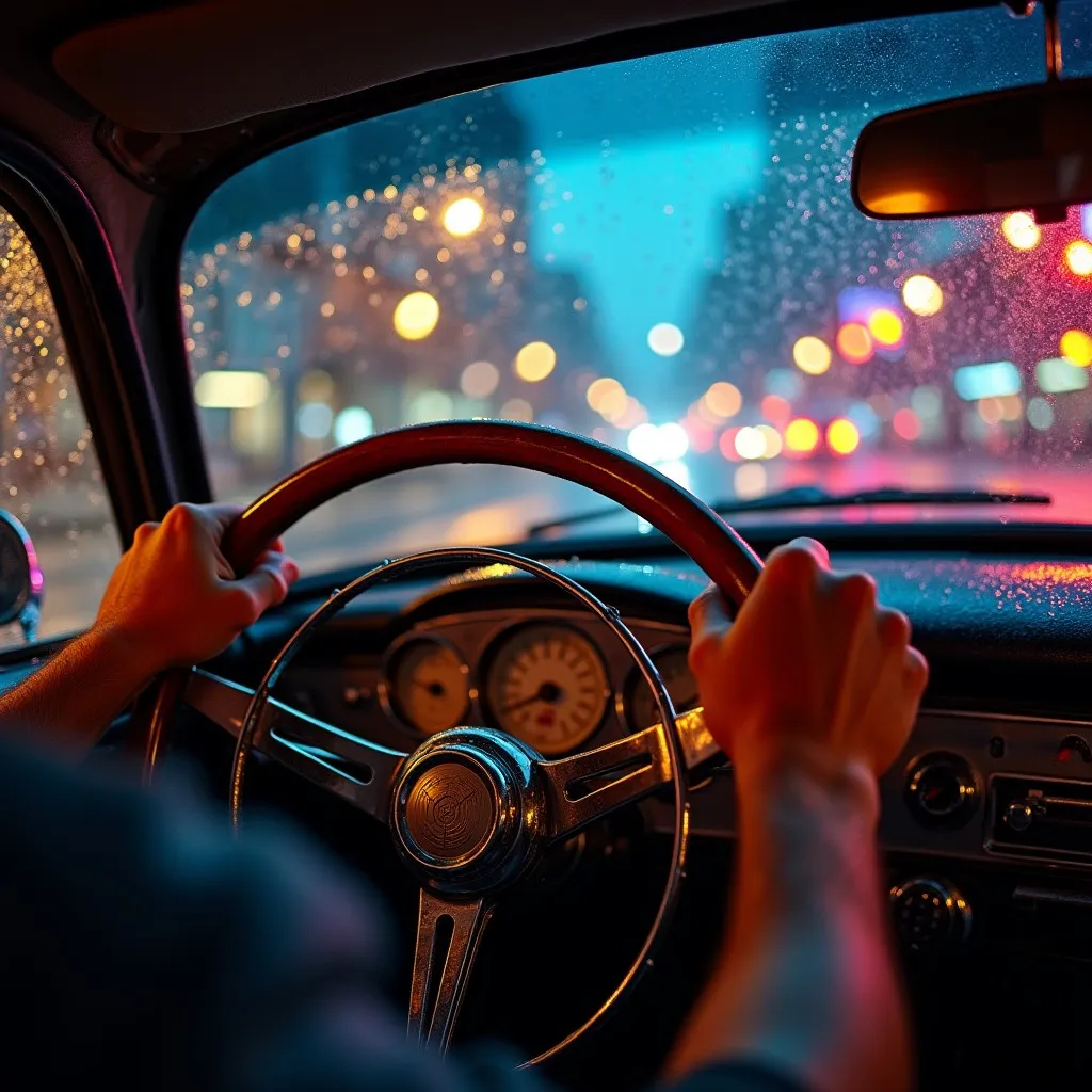 Driver's hands on steering wheel with rain visible through windshield, demonstrating proper 9-and-3 hand position