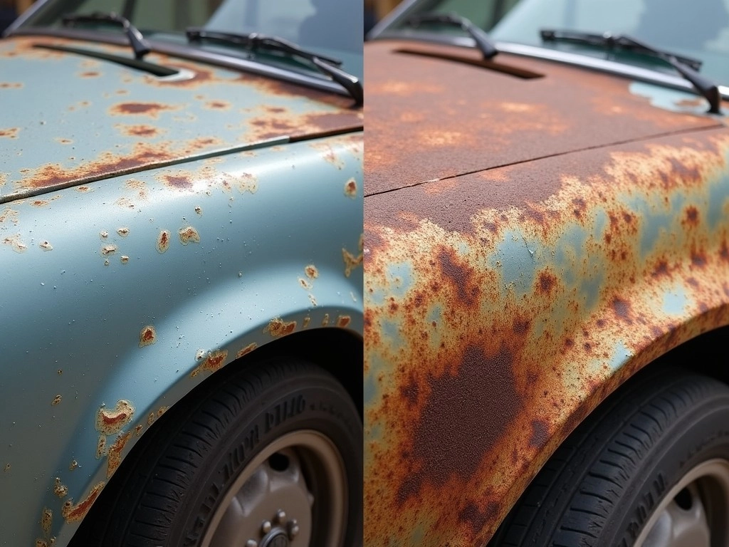 Split image showing a rusty car panel before and after treatment