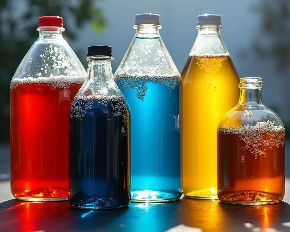 Various engine fluids in clear containers showing different colors and conditions