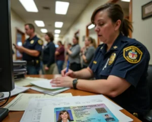 A Texas driver's license being updated with new information at a changing your name on your driver's license