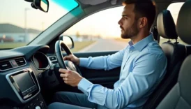 Professional driver demonstrating defensive driving techniques in a modern vehicle, with visible safety indicators and proper positioning