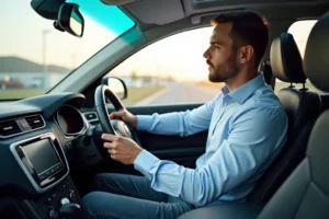 Professional driver demonstrating defensive driving techniques in a modern vehicle, with visible safety indicators and proper positioning