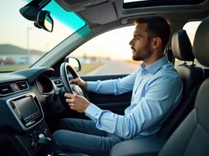 Professional driver demonstrating defensive driving techniques in a modern vehicle, with visible safety indicators and proper positioning