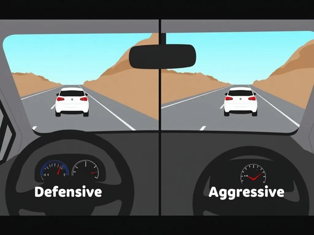 Split-screen comparison showing defensive vs. aggressive driving behaviors